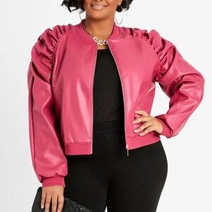 Ashley Stewart Plus Size Faux Leather Ruched Bomber Jacket Hot Pink Ruffle 32 5X
